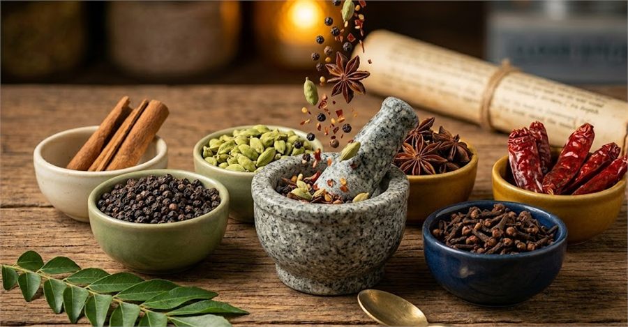 Assorted Indian spices used in vegetarian cooking